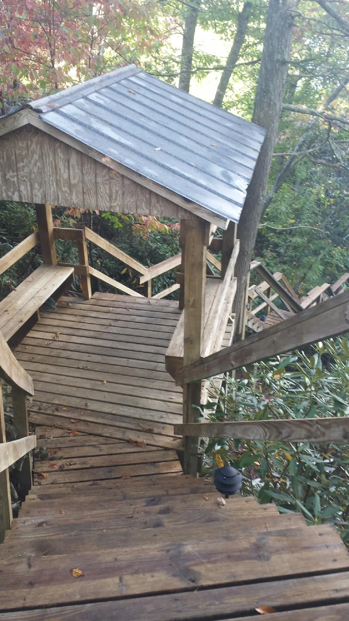Metal roofed shelter over wooden steps on a wooded walkway — Skylight Repair & Installation work by our crew in Caddo Mills